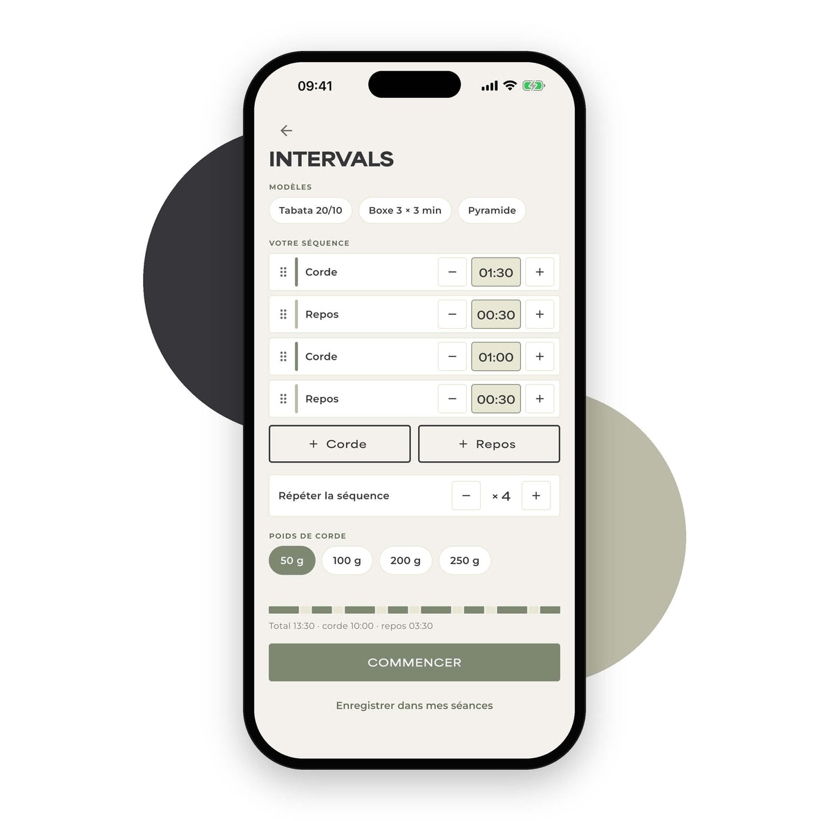 Écran Intervals de l'app Ripcorde : composer sa séance corde et repos