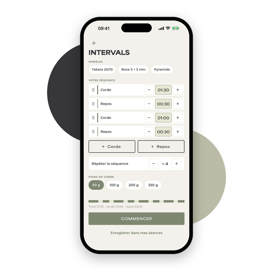 Écran Intervals de l'app Ripcorde : composer sa séance corde et repos
