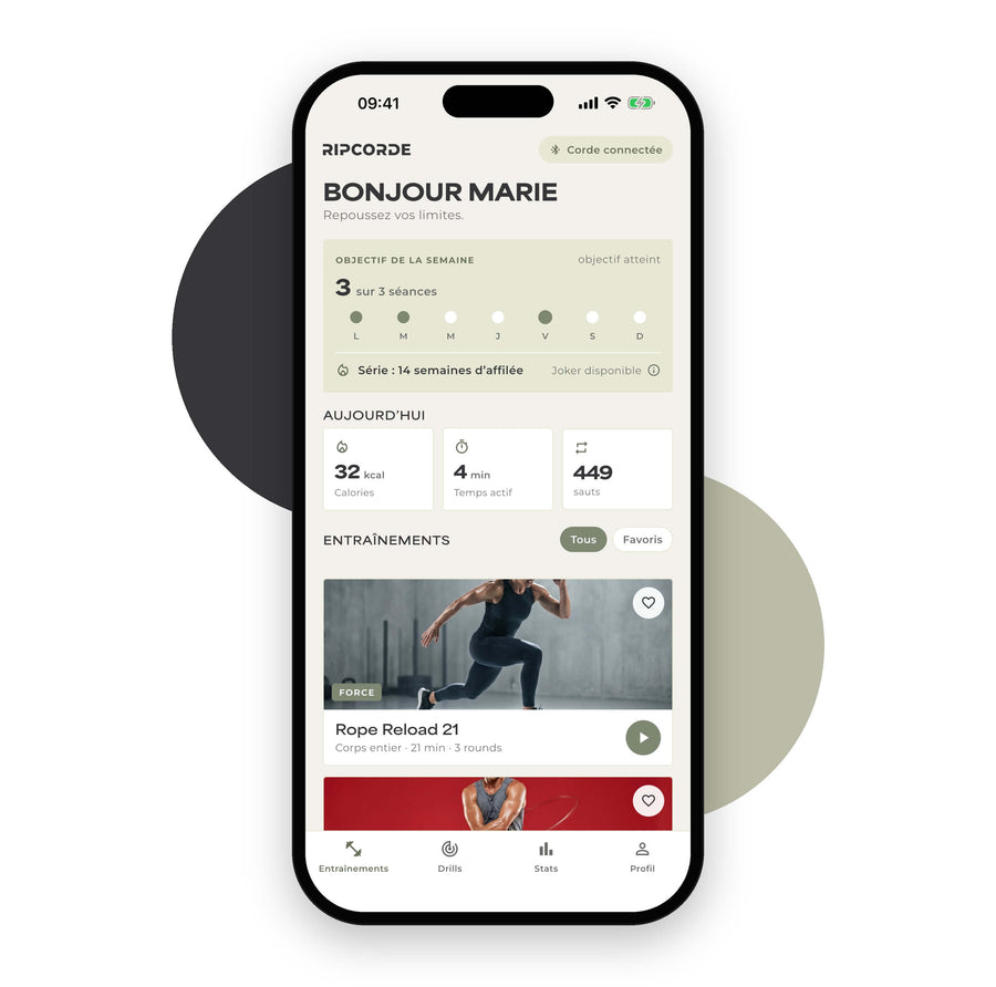 Accueil de l'app Ripcorde : objectif de la semaine atteint et série de 14 semaines